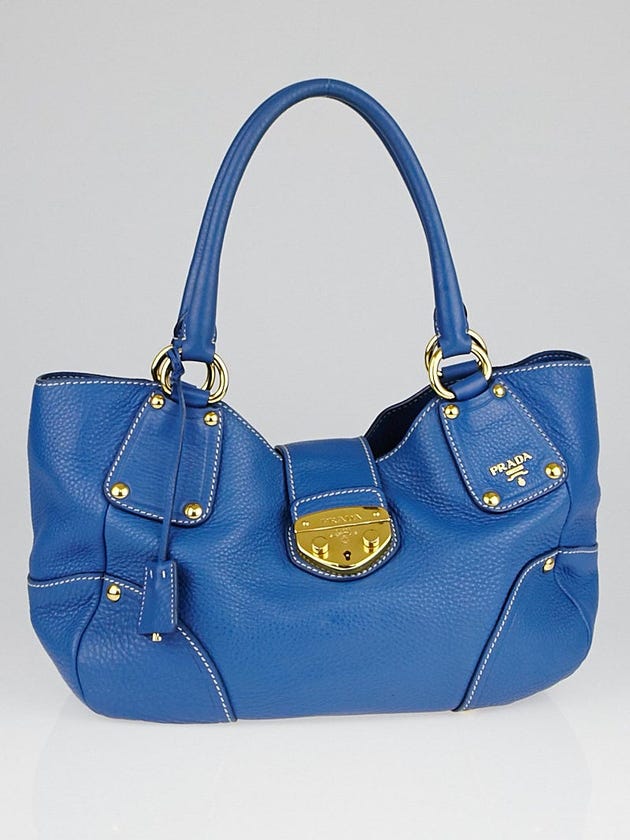 Prada Cobalto Vitello Daino Leather Shopping Tote Bag