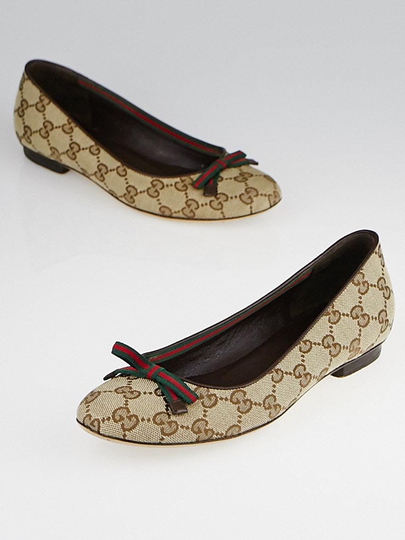 Gucci Beige Ebony GG Canvas Bow Ballet Flats Size 6.5 37 Yoogi s Closet