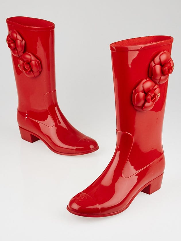 Chanel Red Rubber Camellia Flower Rain Boots Size 7.5/38