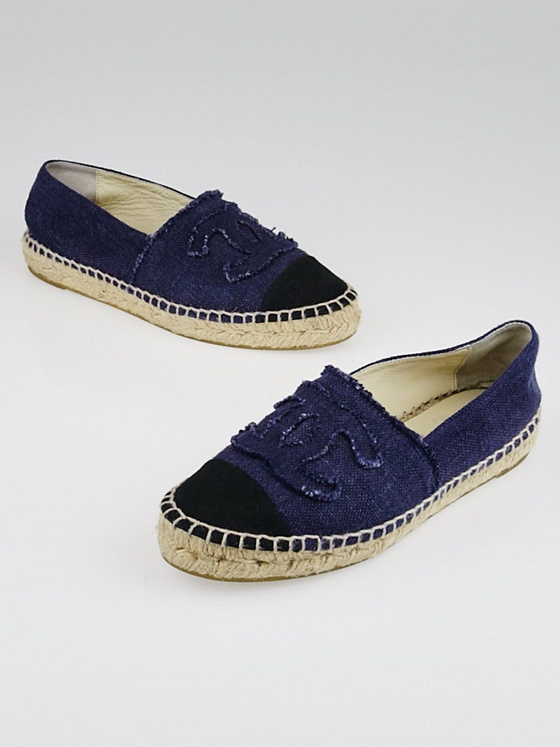 Chanel Blue/Black Linen CC Espadrille Flats Size 6.5/37