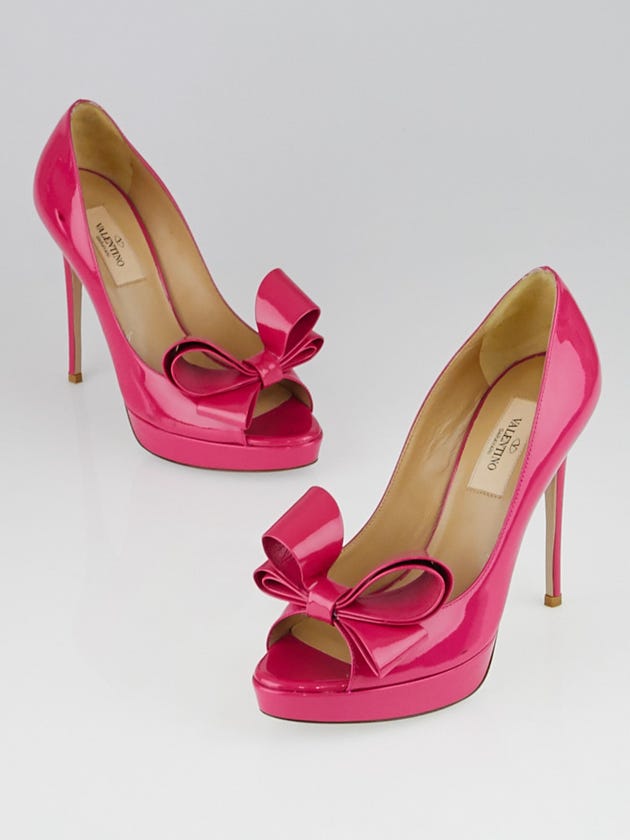 Valentino Hot Pink Patent Leather Bow Peep Toe Pumps Size 5.5/36
