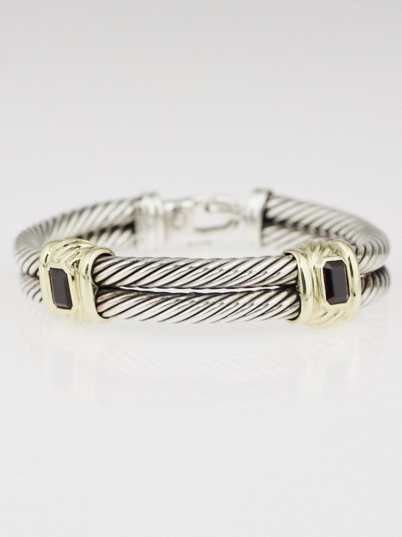 David Yurman Sterling Silver 14k Gold and Garnet Double Cable Hinge Bracelet