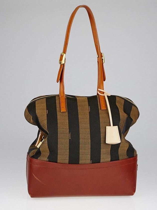 Fendi Brown Leather and Tobacco Pequin Stripe Canvas 2Bag Colorblock Tote Bag 8BN232