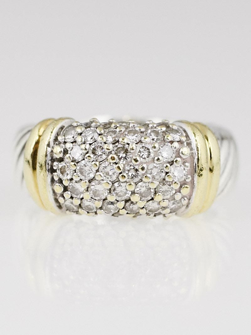 David Yurman Sterling Silver and 18k Gold Pave Diamond Ring Size 5