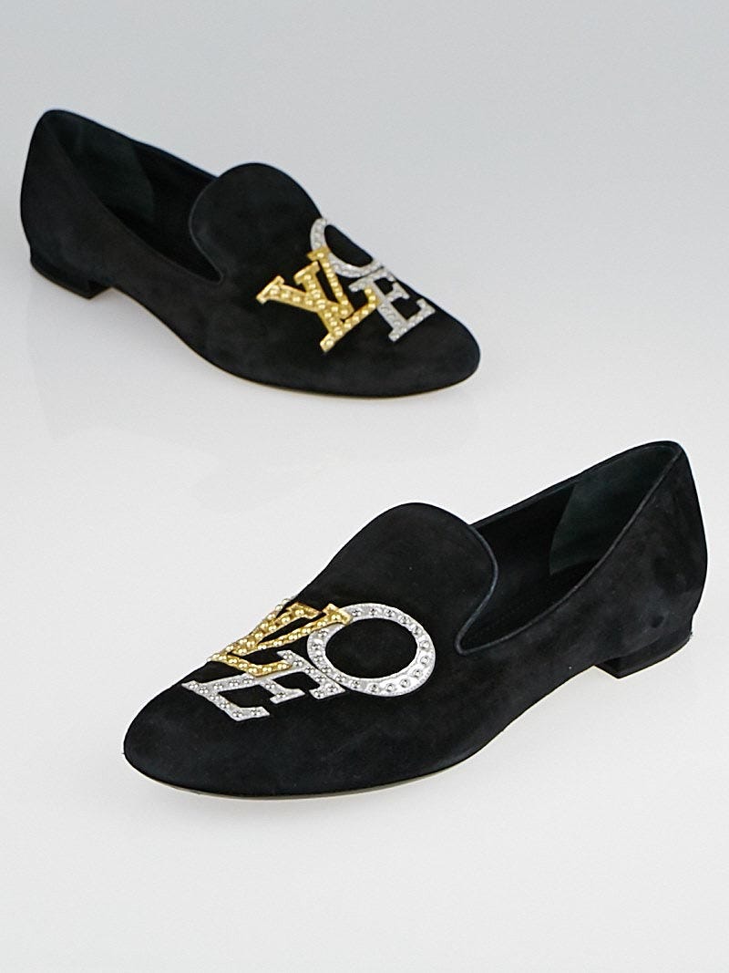 Louis Vuitton Addict Love Black Suede Slipper Loafer Flats 38.5