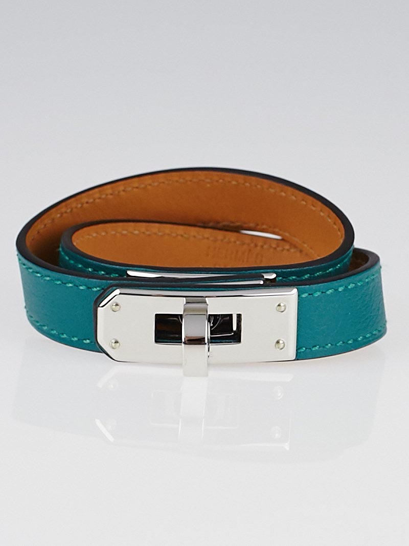 Hermes Malachite Swift Leather Palladium Plated Kelly Double Tour Bracelet Size XS