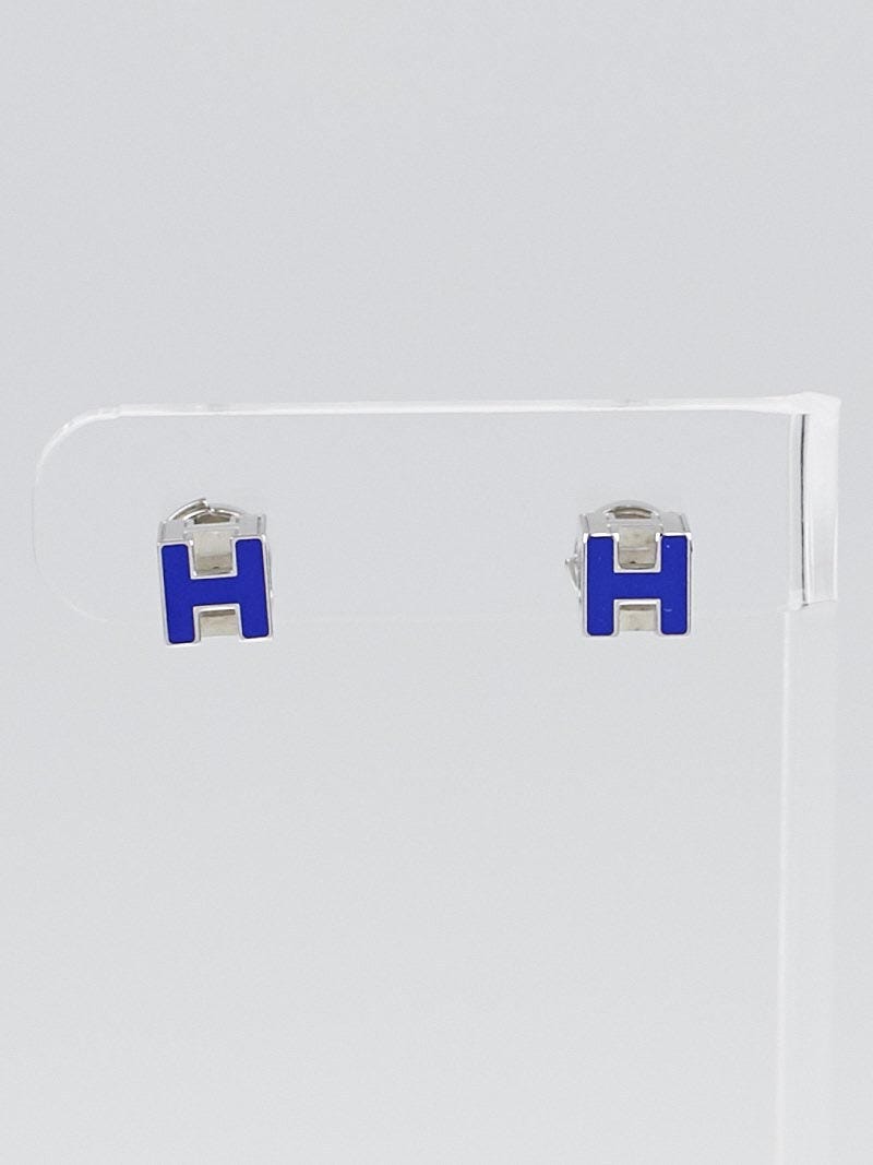 Hermes Navy Lacquer Palladium Plated Cage d'H Earrings