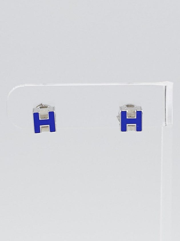 Hermes Navy Lacquer Palladium Plated Cage d'H Earrings
