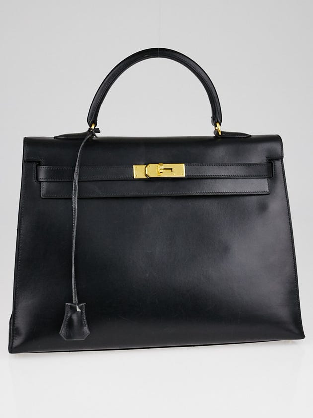 Hermes 35cm Black Box Leather Gold Plated Kelly Sellier Bag