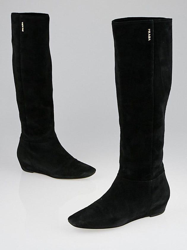 Prada Black Suede Tall Wedge Boots 5.5/36