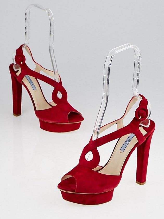 Prada Red Suede Platform Slingback Sandals Size 8.5/39