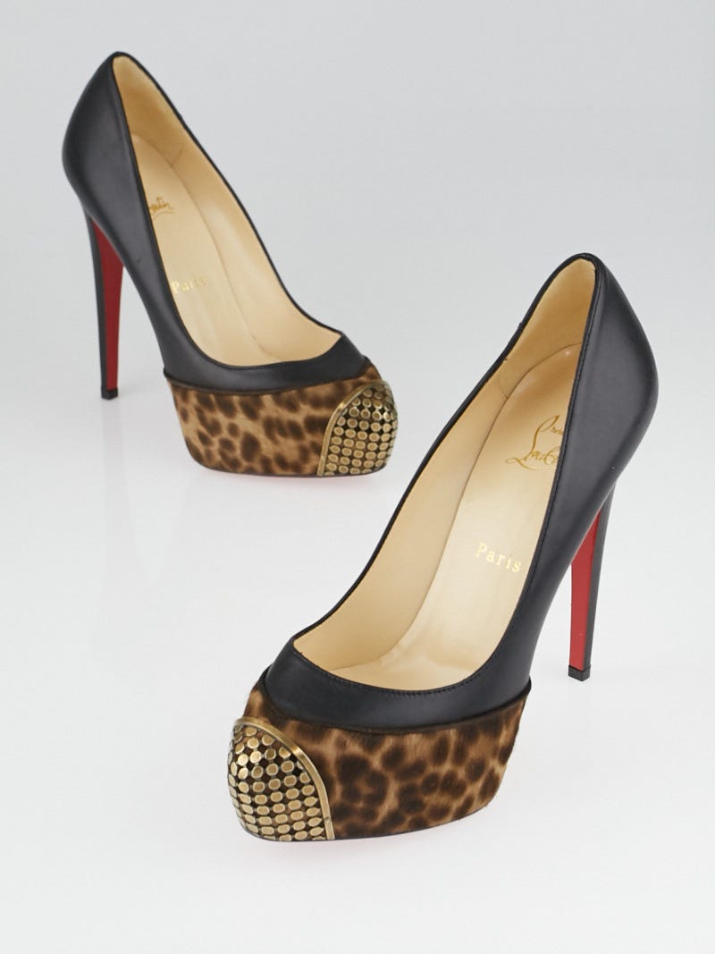 Christian Louboutin Black Leather and Leopard Pony Hair Steel Toe