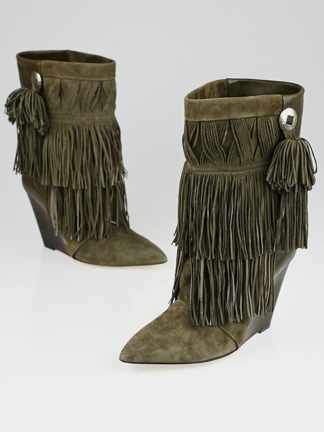Isabel Marant Taupe Suede and Leather Fringed Jacob Wedge Boots Size 8.5/39