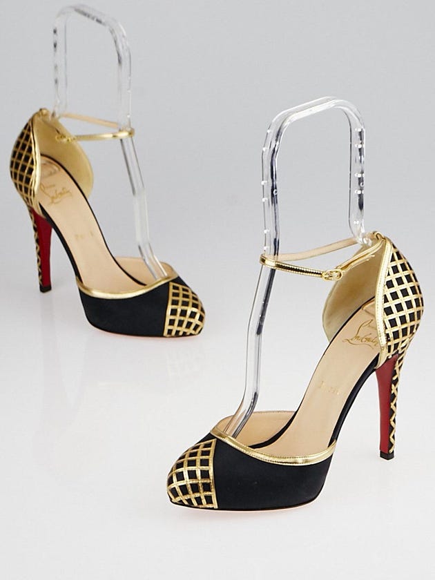 Christian Louboutin Black Satin and Gold Leather Annees Folles d'Orsay 140 Pumps Size 8/38.5