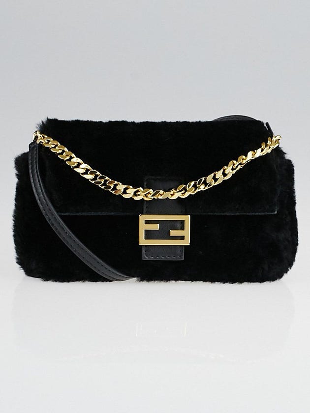 Fendi Black Shearling Micro Shearling Baguette Bag 8M0354