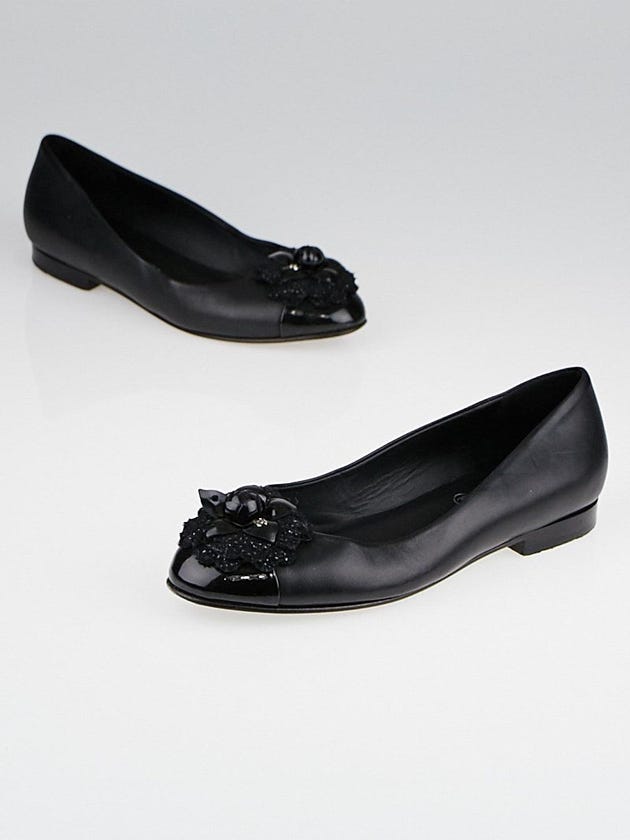 Chanel Black Leather Cap-Toe Camellia Flower Ballet Flats Size 4.5/35