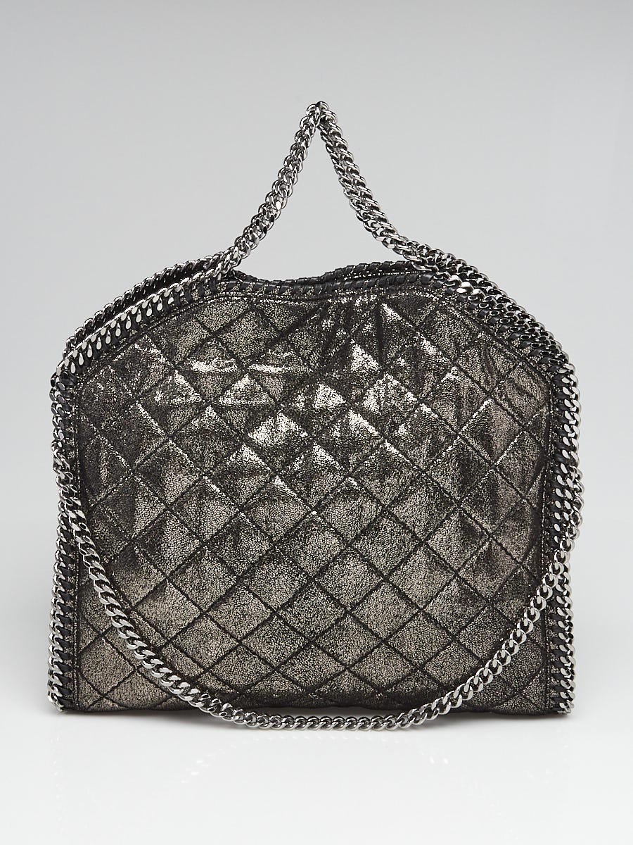 Stella McCartney Metallic Silver Black Shaggy Deer Quilted Faux Leather Small Falabella Tote Bag Yoogi s Closet