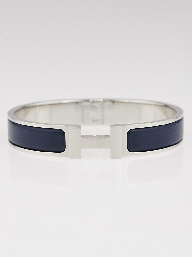 Hermes Midnight Blue Loden Enamel Brushed Palladium Plated Clic HH Narrow Bracelet