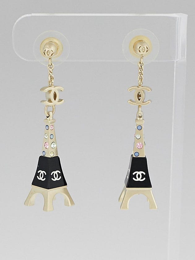 Chanel Eiffel Tower Goldtone with Crystals Drop Earrings