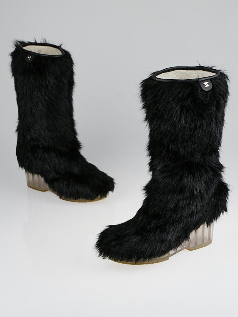 Chanel Black Faux Fur Wedge Boots Size 8.5/39 - Yoogi's Closet