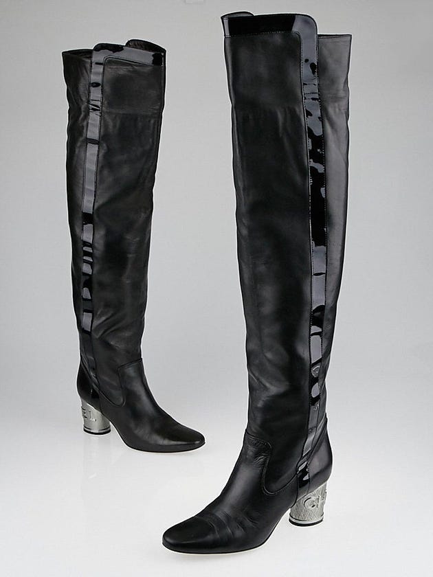 Chanel Black Leather Silvertone Heel Over-the-Knee Boots Size 9/39.5