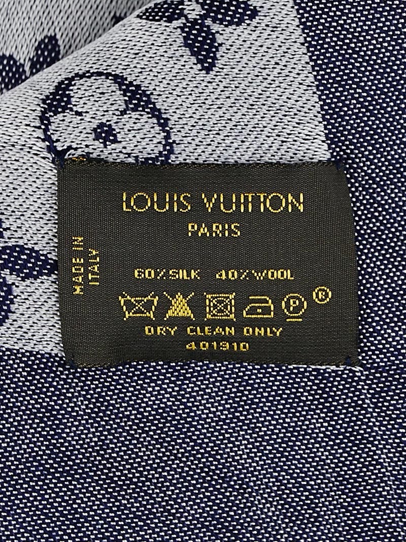 LOUIS VUITTON Silk Wool Monogram Denim Shawl Blue 1234333