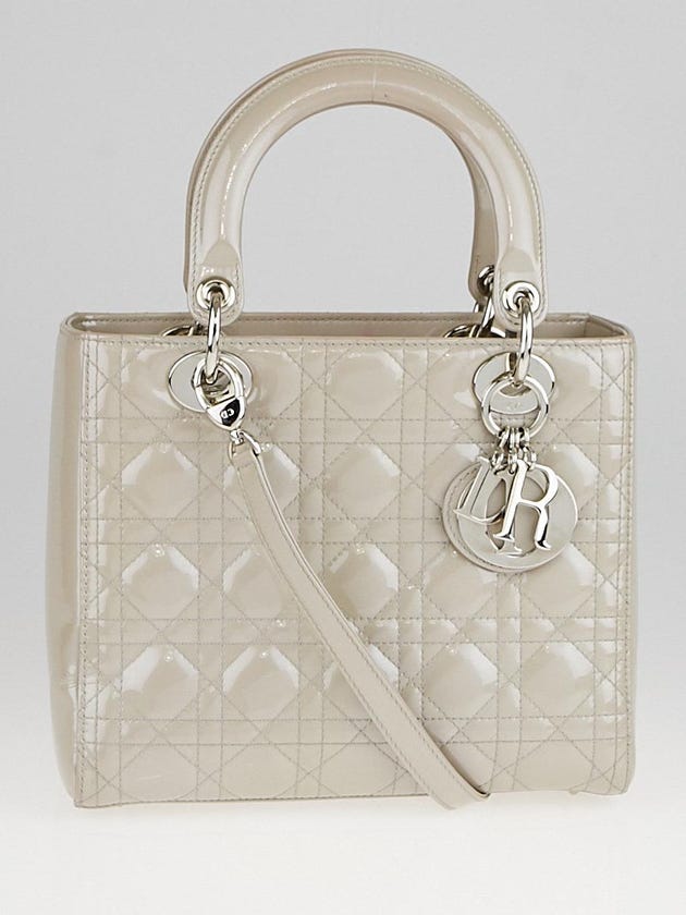 Christian Dior Taupe Patent Leather Lady Dior Medium Tote Bag