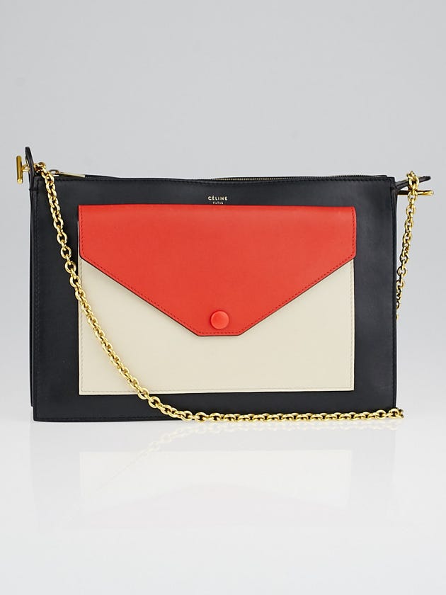 Celine Red Tri-Color Smooth Calfskin Leather Pocket Chain Medium Clutch Bag