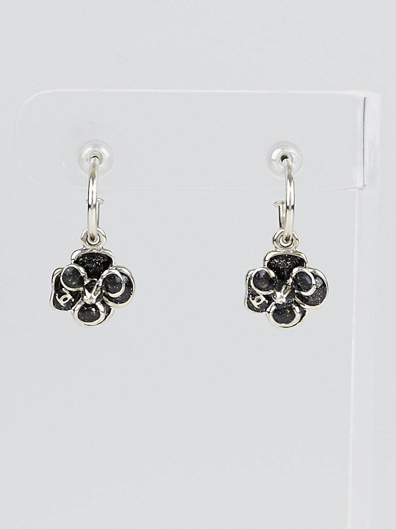 Chanel Silvertone Metal and Black Resin Camellia Flower Drop