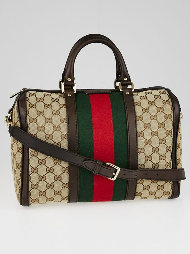 Gucci Beige/Ebony GG Canvas Vintage Web Medium Boston Bag w/ Shoulder Strap