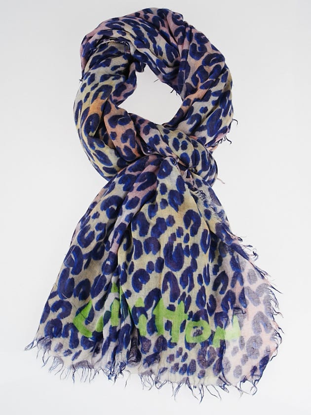 Louis Vuitton Spray Bleu Cashmere/Silk Stephen Sprouse Leopard Stole Scarf