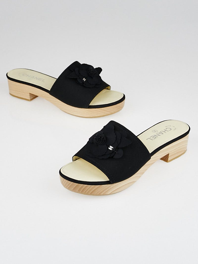 Chanel Black Grosgrain Camellia Slide Mules Size 8.5/39 - Yoogi's