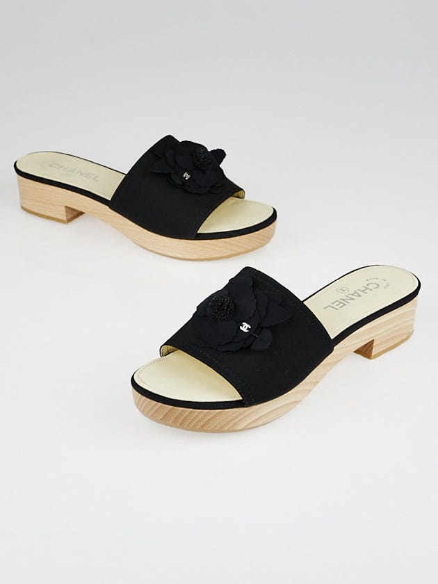 Chanel Black Grosgrain Camellia Slide Mules Size 8.5/39