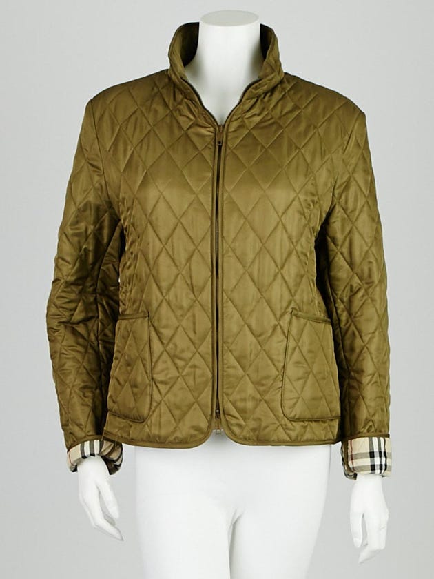Burberry London Olive Green Quilted Polyester Zip Jacket Size L