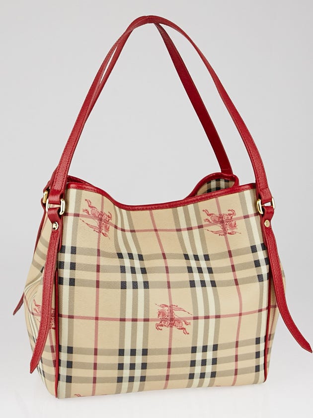 Burberry Red Leather Haymarket Check Coated Canvas Medium Canterbury Tote Bag