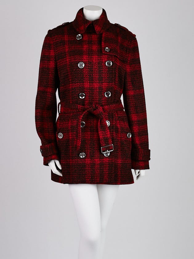 Burberry Brit Red Check Wool Alcester Belted Trench Coat Size 14