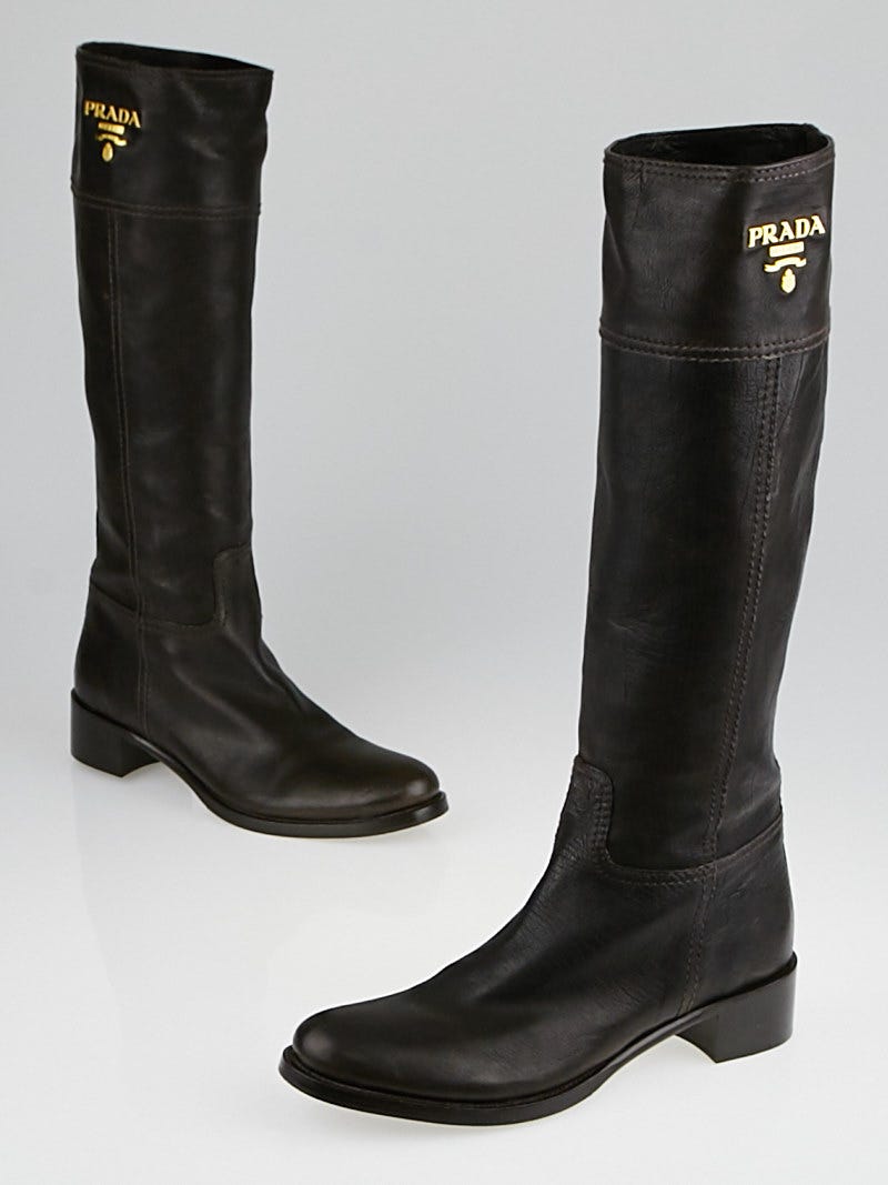Prada Brown Leather Knee-High Flat Boots Size 6/ - Yoogi's Closet