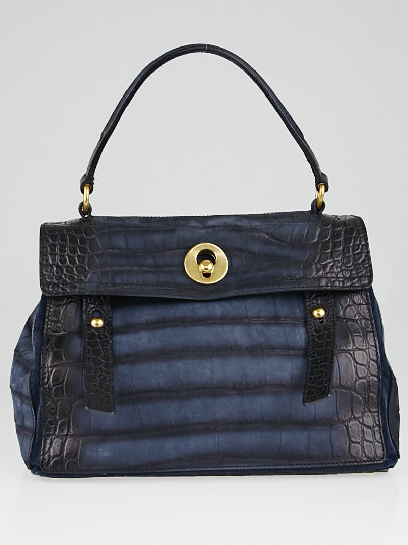 YVES SAINT LAURENT　ミューズトゥ Yves Saint Laurent Navy Blue Croc Embossed Nubuck Leather