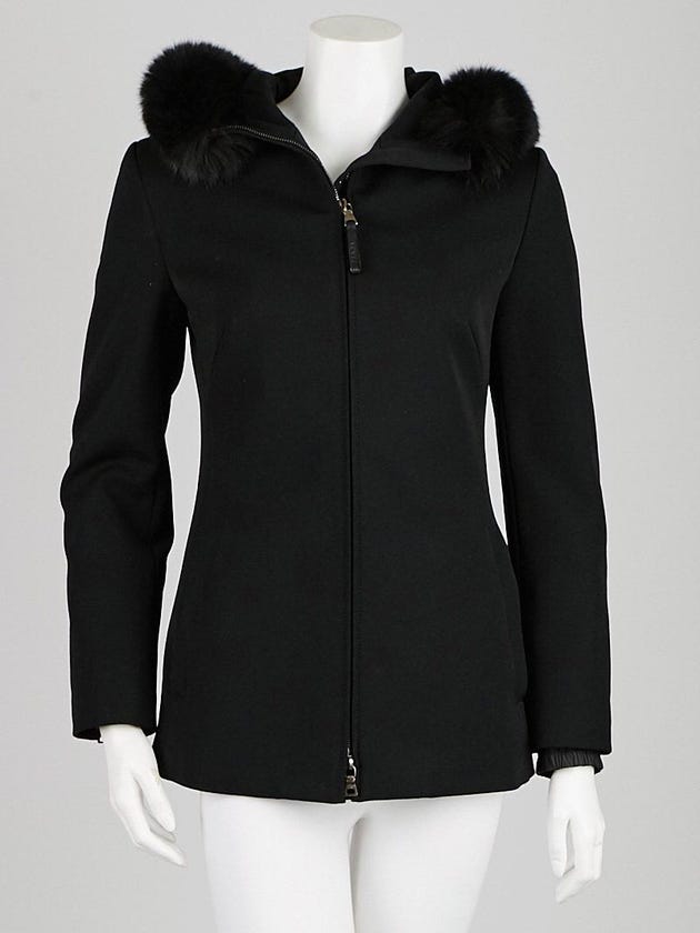 Prada Black Nylon Blend Fox Fur Trim Hooded Jacket Size 6/40
