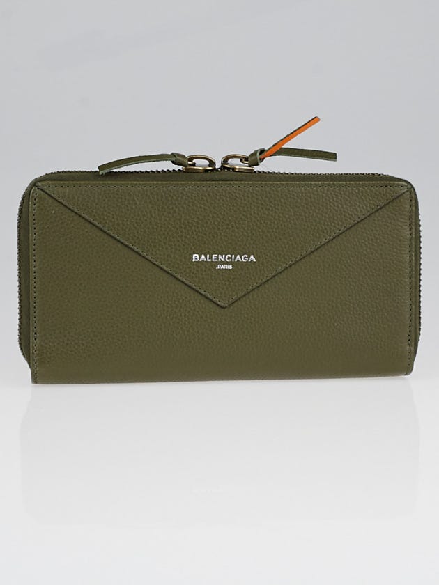 Balenciaga Khaki Green/Orange Leather Papier Zip-Around Continental Wallet