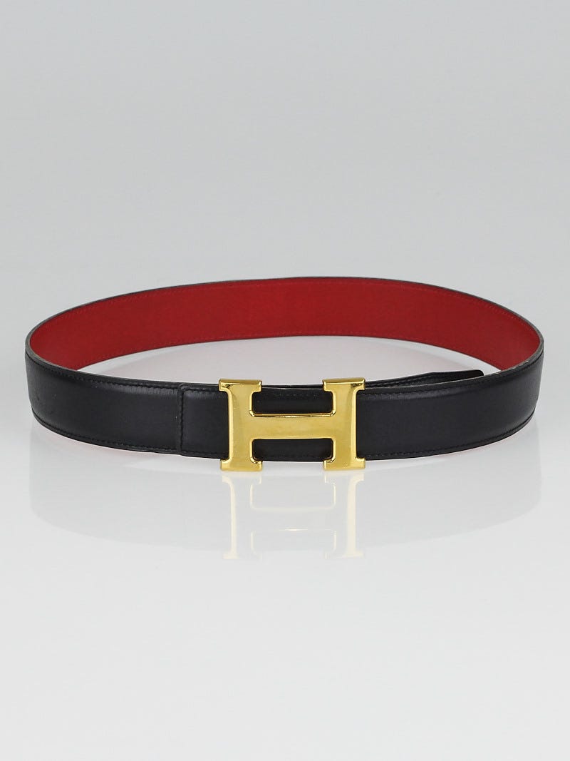 HERMES 黒赤レザーベルト Hermes 32mm Black / Red Box Leather Gold Plated Constance H Belt