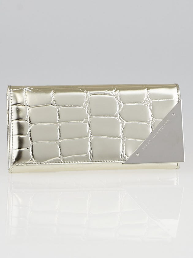 Alexander McQueen Silver Crocodile Print Leather Triangle Continental Wallet