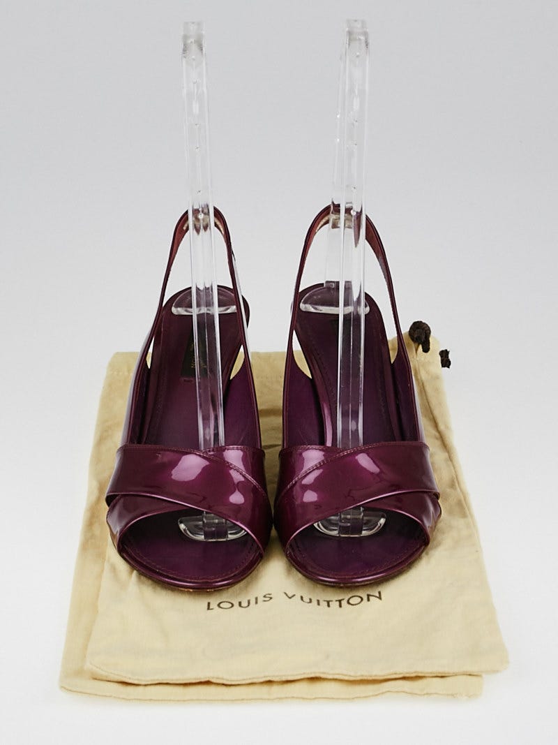 Louis Vuitton LV purple patent leather sling back wooden wedge