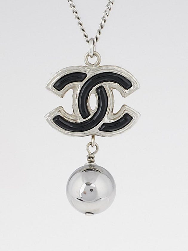 Chanel Silvertone Chain and Black Enamel CC Pendant Necklace