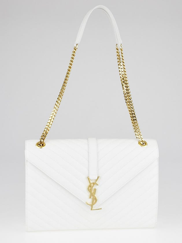 Yves Saint Laurent White Quilted Grained Leather Large Monogram Chain Cassandre Bag