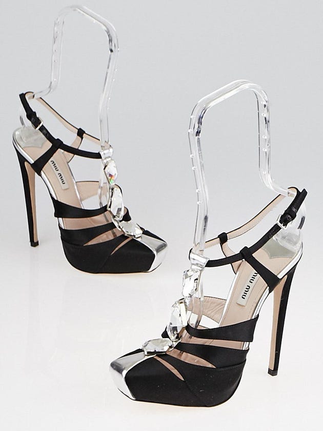 Miu Miu Black Satin Bejeweled T-Strap Sandals Size 7.5/38