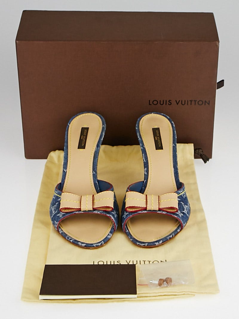 Louis Vuitton Blue Monogram Denim And Leather Bow Slide Sandals