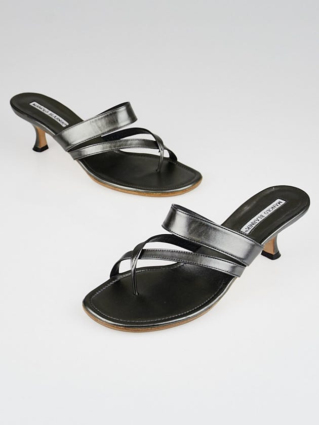 Manolo Blahnik Anthracite Leather Susa Kitten Heel Sandals Size 7/37.5