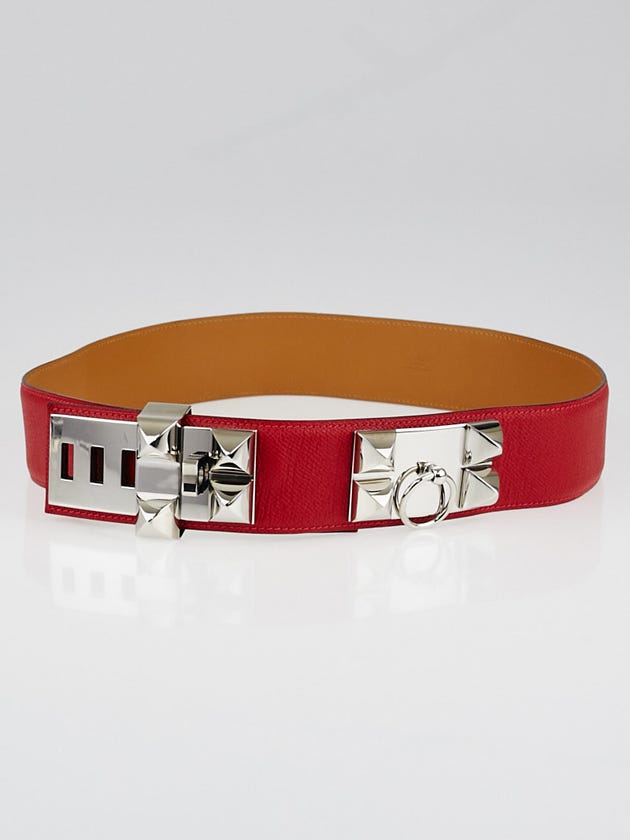 Hermes Rouge Casaque Courchevel Leather Palladium Plated Collier de Chien Belt Size 90