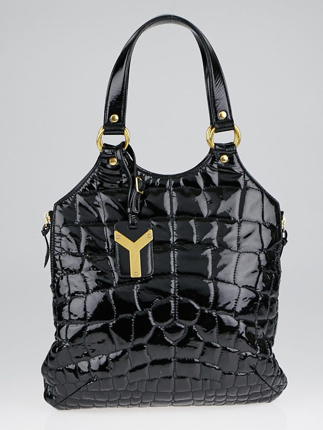 Yves Saint Laurent Black Patent Leather Croc Embossed Small Tribute Bag